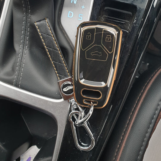 Audi Premium TPU Leather Keycase (New Key) with Holder & Rope Chain