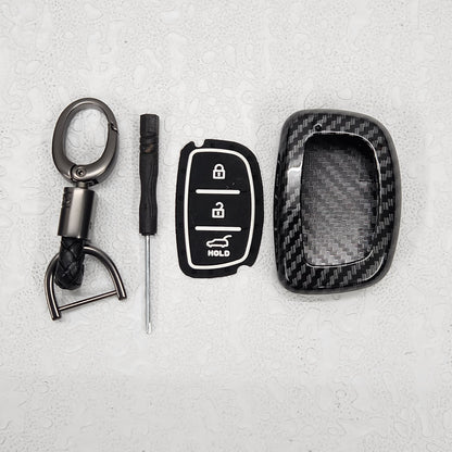 Hyundai Creta/i20/Venue (3 Push Button Key) Carbon Abs Keycase with Chain
