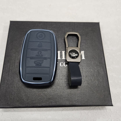 Kia 4 Button Key Exclusive Aluminium Alloy Leather Keycase with Holder & Rope Chain