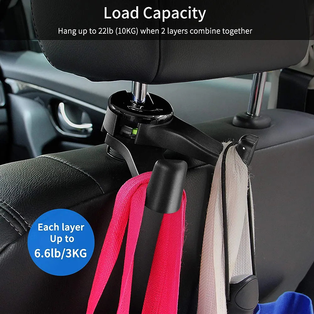 Durable Car Back Seat Headrest Hanger Dual-Layer 360°Rotation Hooks with Mobile Phone Holder and Lock