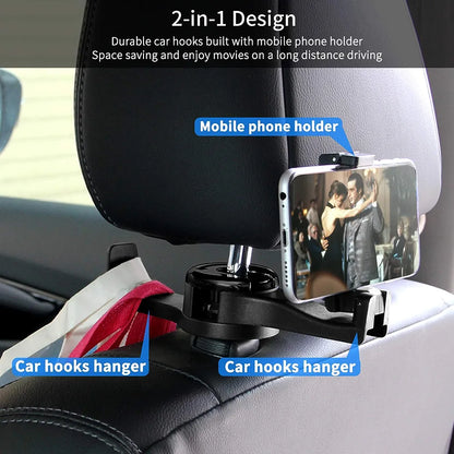 Durable Car Back Seat Headrest Hanger Dual-Layer 360°Rotation Hooks with Mobile Phone Holder and Lock