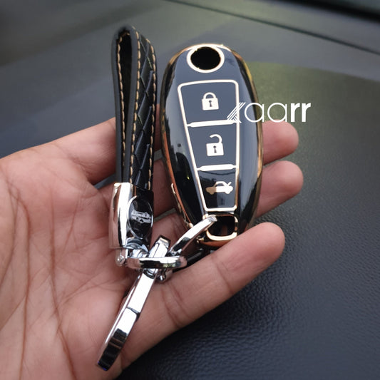 Suzuki 3 Button Key (Ciaz, Baleno, Brezza, S Cross, Ignis) Premium TPU Leather Keycase with Holder & Rope Chain
