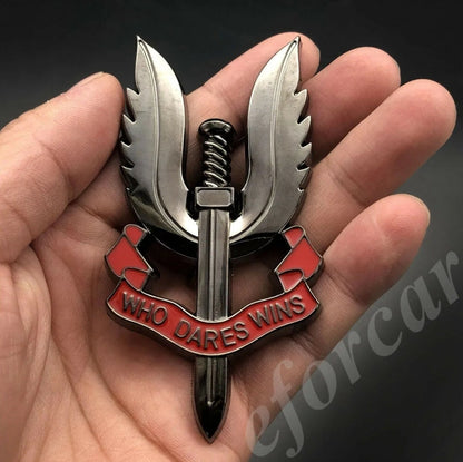 3D Who Dares Wins  Metal Sticker Decal Silver (9 x 5 cm)