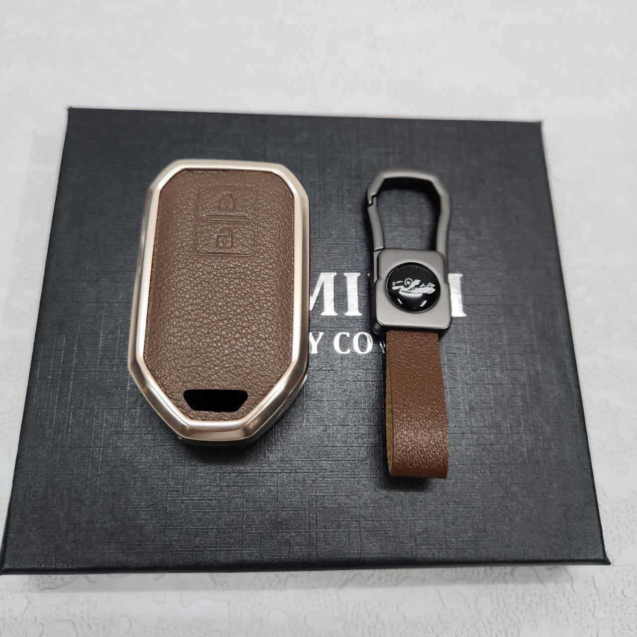 Suzuki Swift/Baleno/Ignis 2 Button Key Exclusive Aluminium Alloy Leather Keycase with Holder & Rope Chain