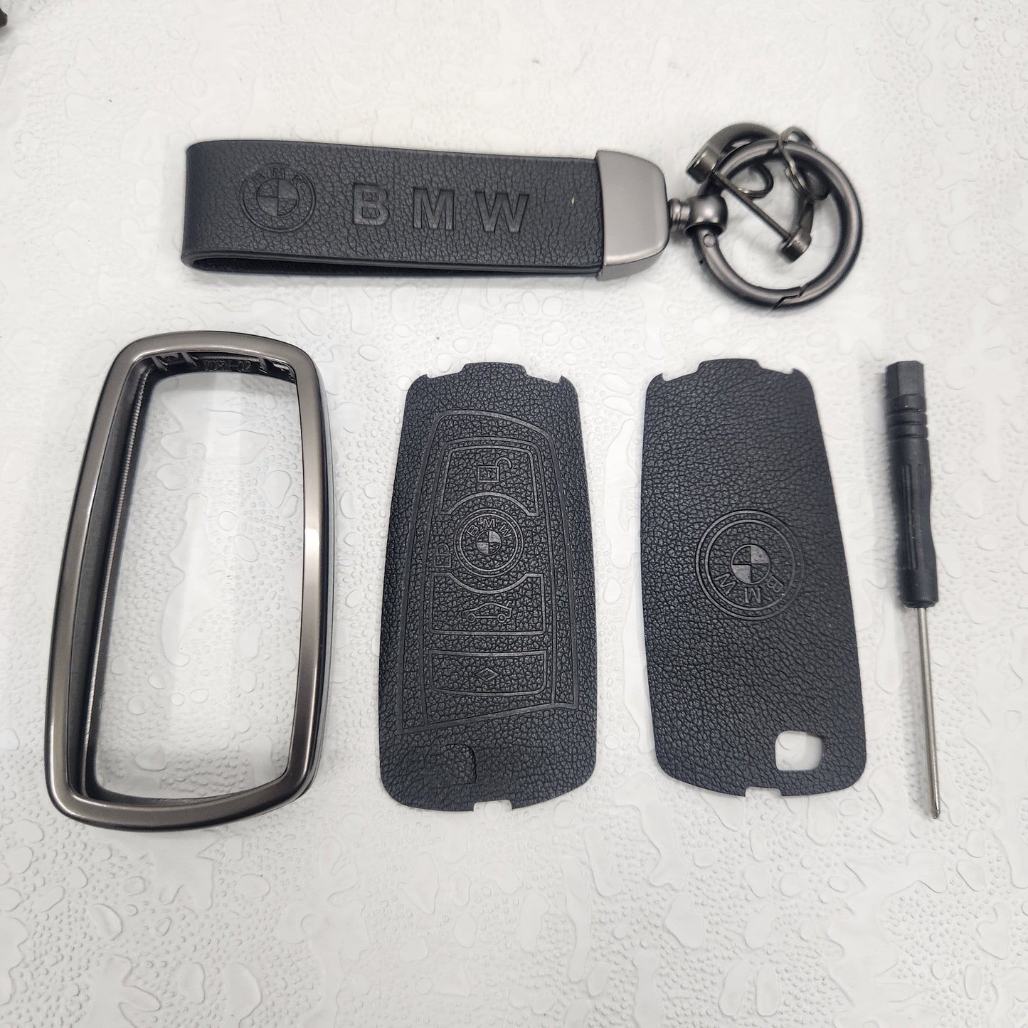 BMW Old Key Metal Alloy Leather Keycase with Holder & Rope Chain