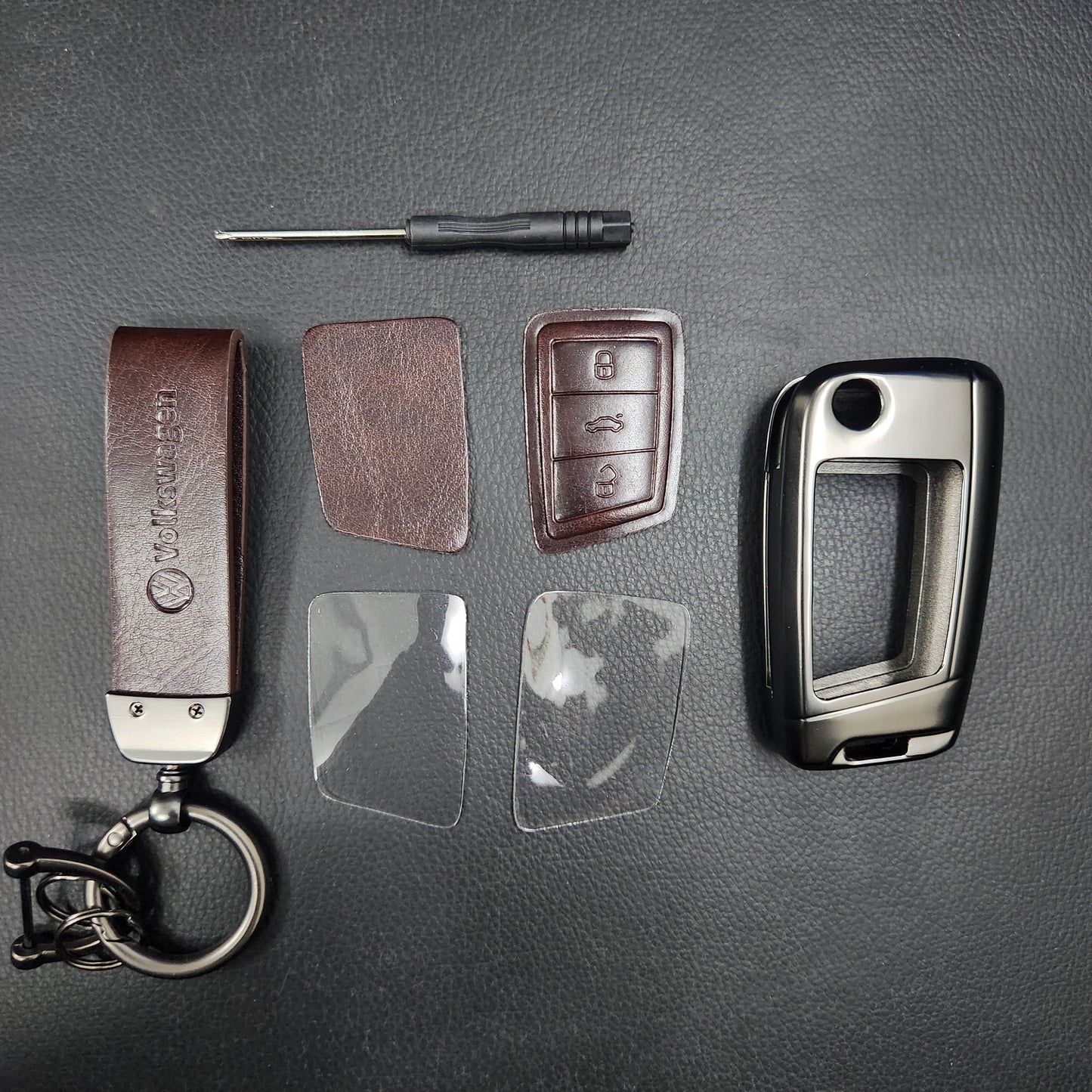 Volkswagen New Flip Key Metal Alloy Leather Keycase with Holder & Rope Chain