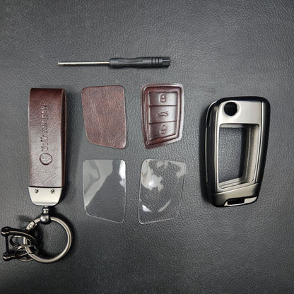 Volkswagen New Flip Key Metal Alloy Leather Keycase with Holder & Rope Chain
