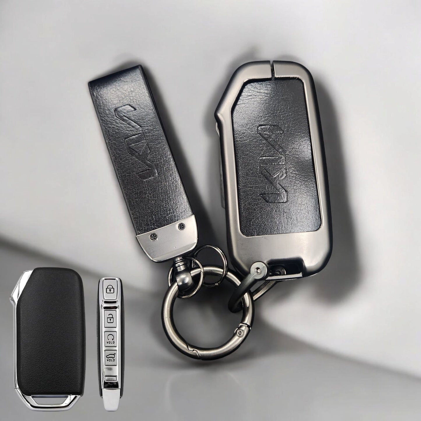 Kia Facelift (Keyless 4 Button Key) Luxury Metal Alloy Leather Keycase with Holder & Rope Chain