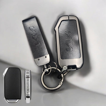 Kia Facelift (Keyless 4 Button Key) Luxury Metal Alloy Leather Keycase with Holder & Rope Chain