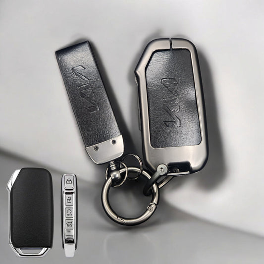 Kia Facelift (Keyless 4 Button Key) Luxury Metal Alloy Leather Keycase with Holder & Rope Chain