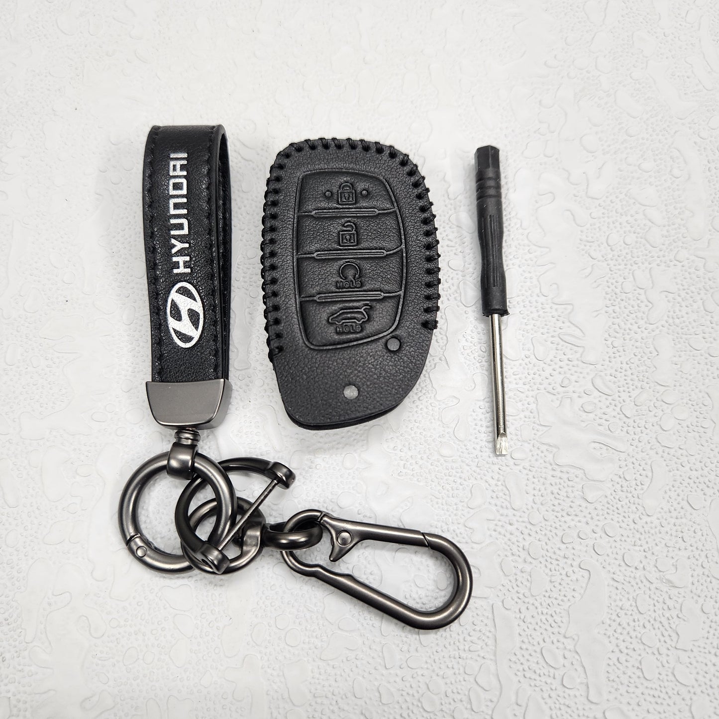 Hyundai Alcazar/Creta/i20 4 Button Key Luxury Handmade Oilwax Leather Keycase with Logo, Caption, Hook, and Chain