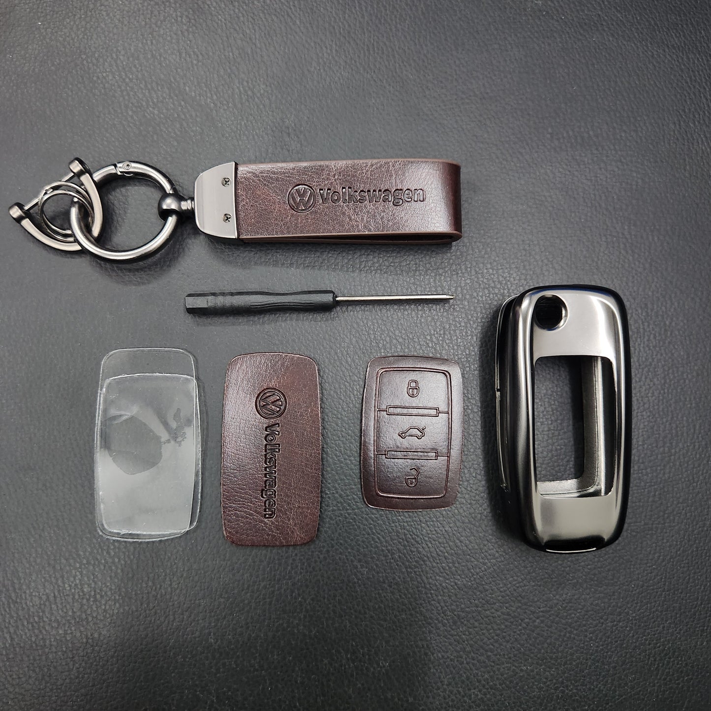 Volkswagen Old Flip Key Metal Alloy Leather Keycase with Holder & Rope Chain