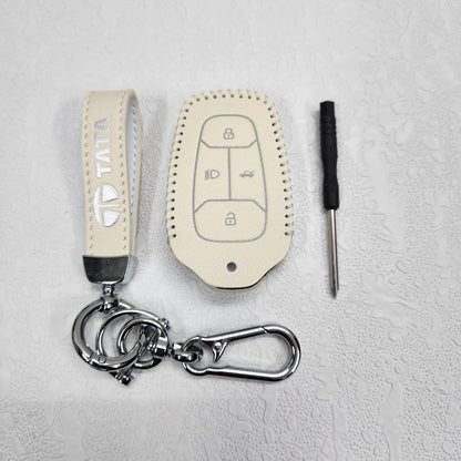 Tata Harrier/Nexon/Safari Luxury Handmade Oilwax Leather Keycase with Logo, Caption, Hook, and Chain