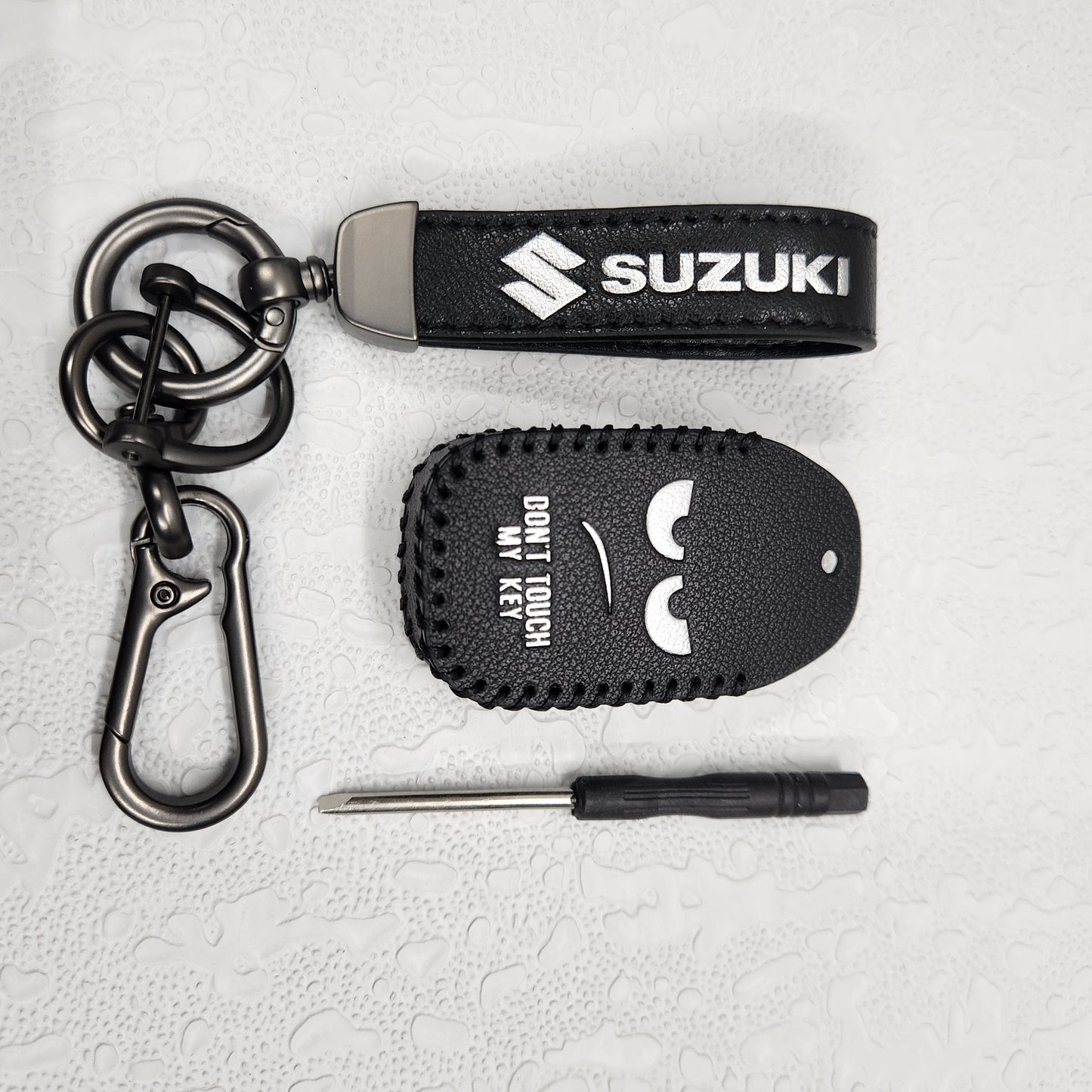 Suzuki Swift/Baleno/Ignis/Scross 2 Button Key Luxury Handmade Oilwax Leather Keycase with Logo, Caption, Hook, and Chain