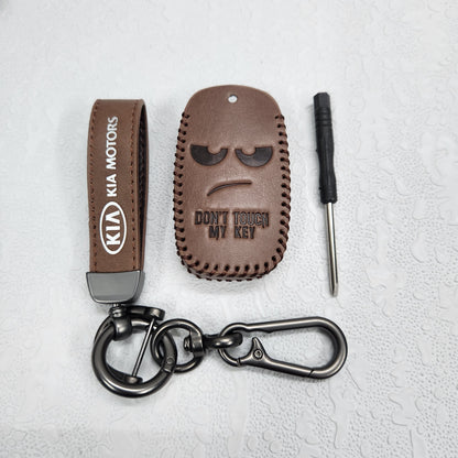 Kia Seltos/Sonet 4 Button Key Luxury Handmade Oilwax Leather Keycase with Logo, Caption, Hook, and Chain