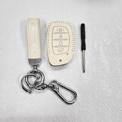 Hyundai Alcazar/Creta/i20 4 Button Key Luxury Handmade Oilwax Leather Keycase with Logo, Caption, Hook, and Chain