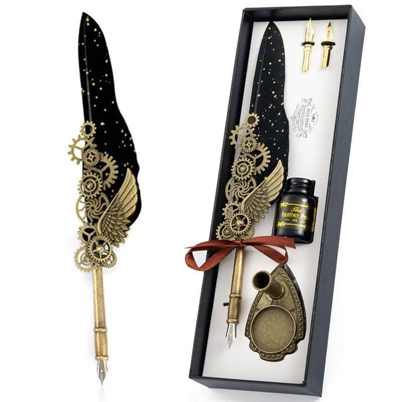 Vintage Carving Glittering Quill Pen Set Antique Calligraphy set Writing Dip Pen with Black Ink, 2 Replacement Nibs, Pen Stand Base, Luxury Signature Pen.