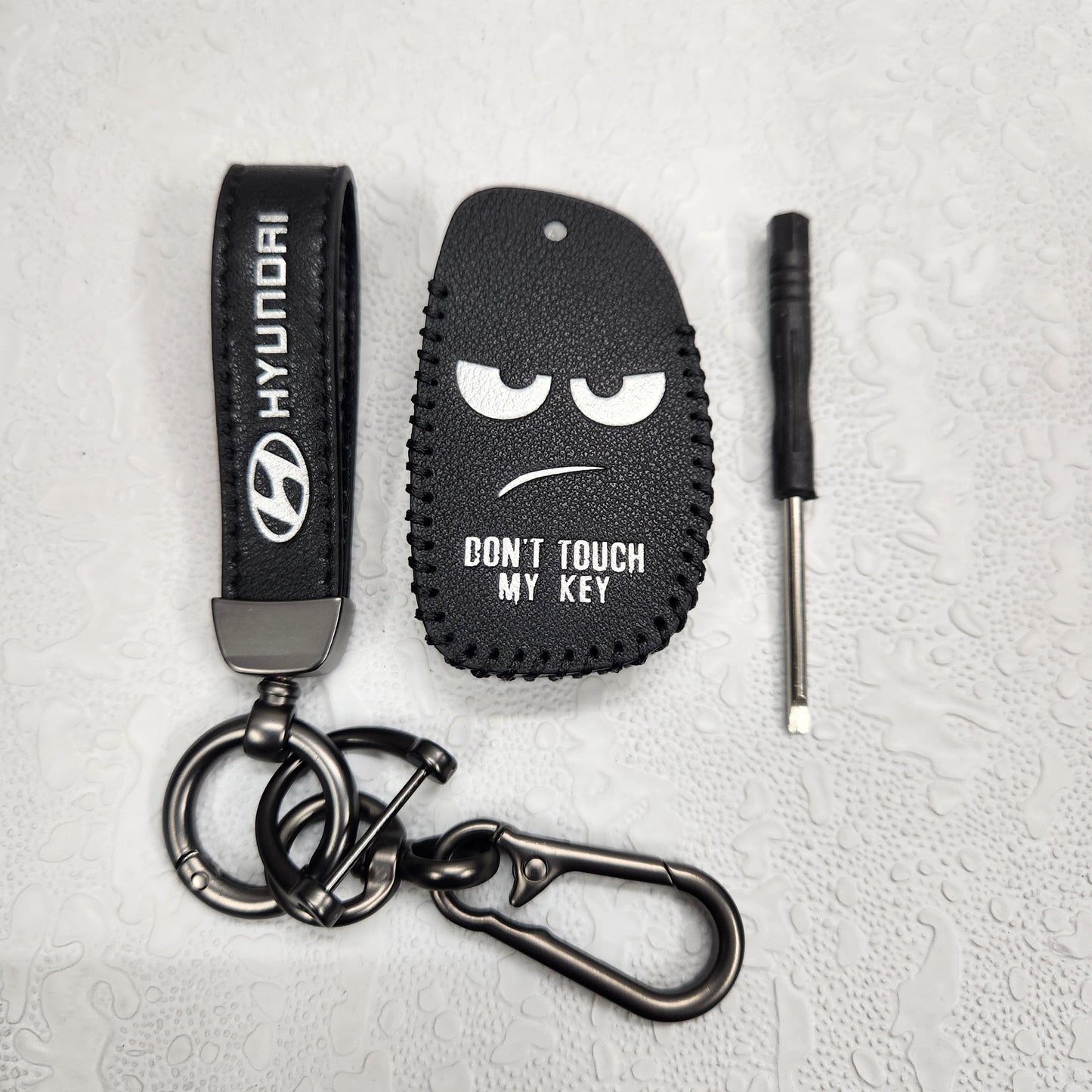 Hyundai Alcazar/Creta/i20 4 Button Key Luxury Handmade Oilwax Leather Keycase with Logo, Caption, Hook, and Chain