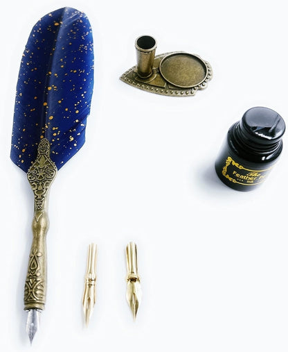 Vintage Carving Glittering Quill Pen Set Antique Calligraphy set Writing Dip Pen with Black Ink, 2 Replacement Nibs, Pen Stand Base, Luxury Signature Pen.
