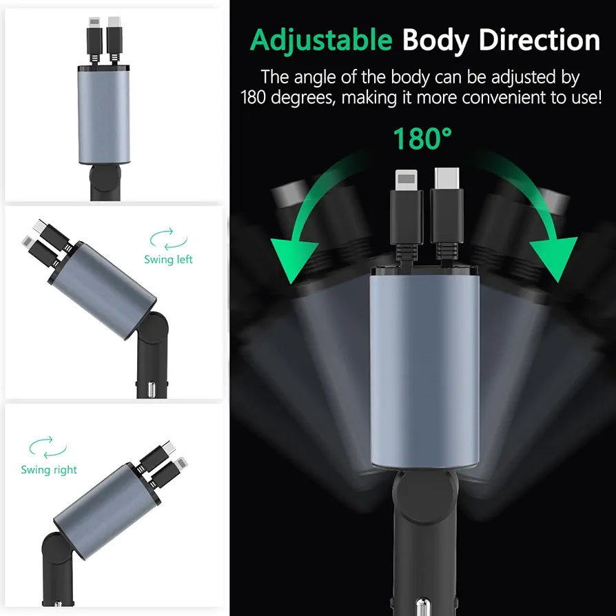 4in1 Fast USB C Car Charger 120W with Dual Retractable Cable Dual USB Ports, Voltage Display Car Charger