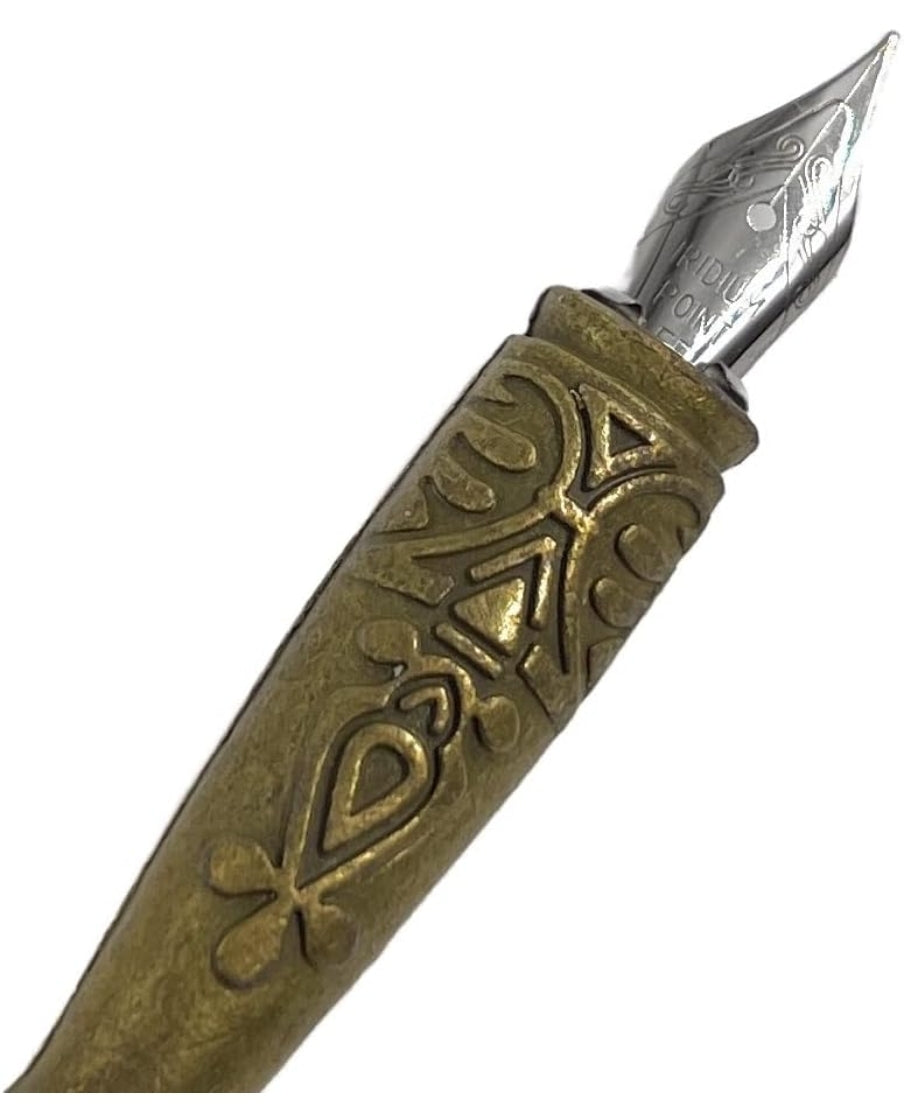 Vintage Carving Glittering Quill Pen Set Antique Calligraphy set Writing Dip Pen with Black Ink, 2 Replacement Nibs, Pen Stand Base, Luxury Signature Pen.