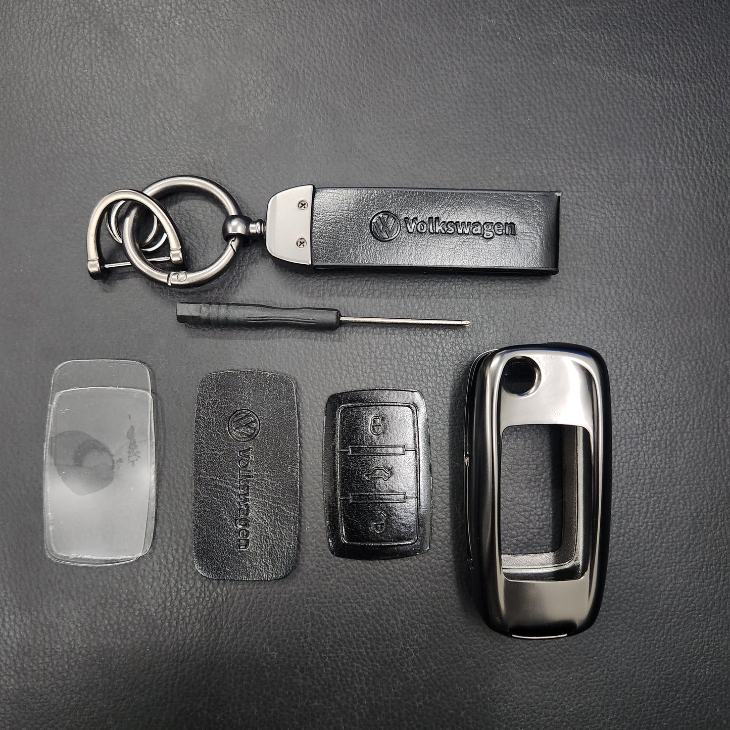 Volkswagen Old Flip Key Metal Alloy Leather Keycase with Holder & Rope Chain