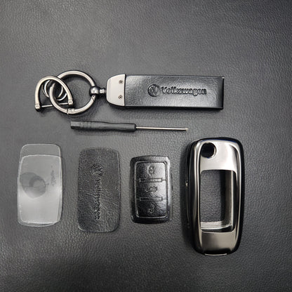 Volkswagen Old Flip Key Metal Alloy Leather Keycase with Holder & Rope Chain