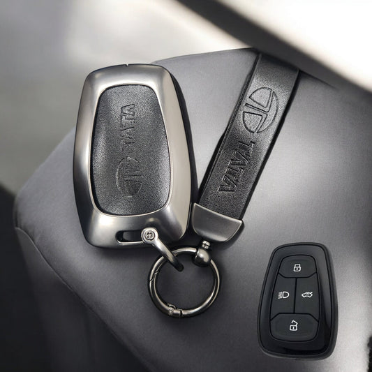 Tata Harrier/Nexon/Safari/Altroz New Key Luxury Metal Alloy Leather Keycase with Holder & Rope Chain