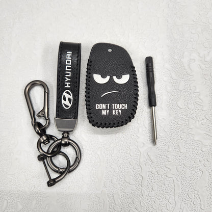 Hyundai Creta/i20/Aura/i10 3 Button Key Luxury Handmade Oilwax Leather Keycase with Logo, Caption, Hook, and Chain