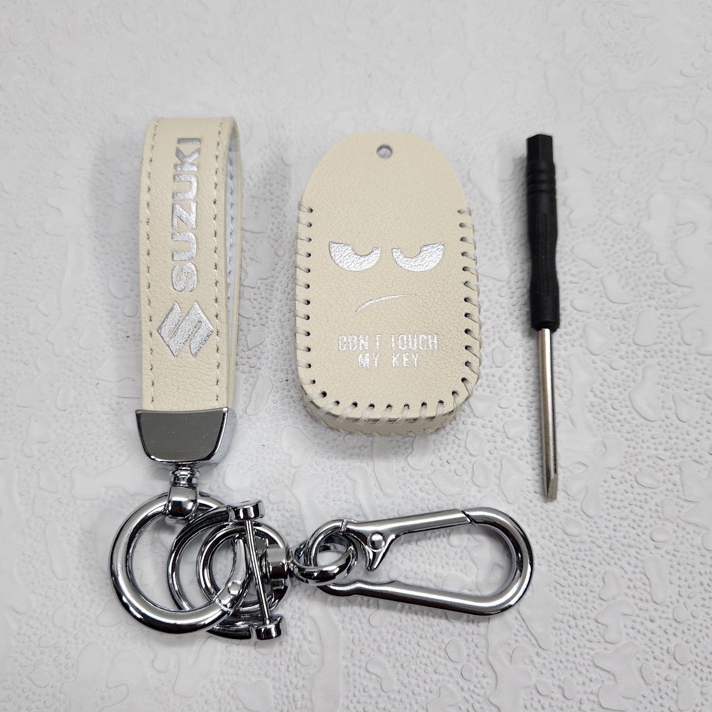 Suzuki Swift/Baleno/Ignis/Scross 2 Button Key Luxury Handmade Oilwax Leather Keycase with Logo, Caption, Hook, and Chain