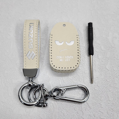 Suzuki Swift/Baleno/Ignis/Scross 2 Button Key Luxury Handmade Oilwax Leather Keycase with Logo, Caption, Hook, and Chain