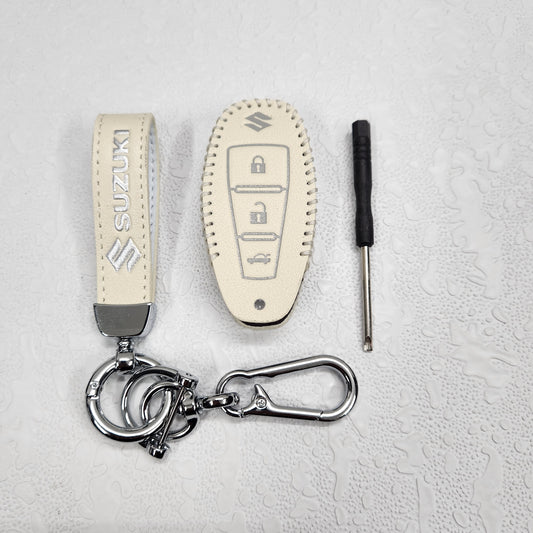 Suzuki Ciaz/Baleno/Scross 3 Button Key Luxury Handmade Oilwax Leather Keycase with Logo, Caption, Hook, and Chain