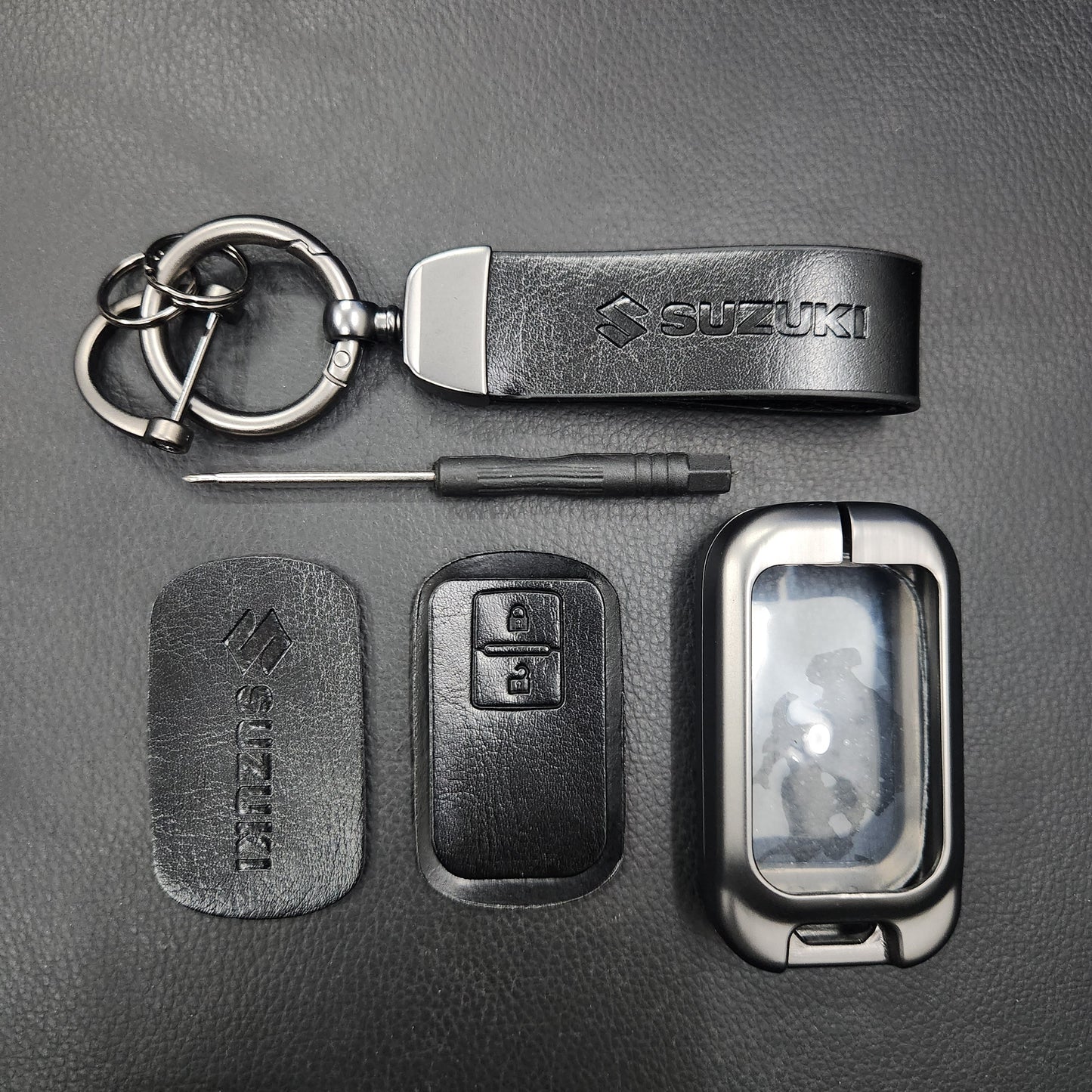 Suzuki 2 Button Key (Baleno, Brezza, S Cross, Swift, Ignis) Luxury Metal Alloy Leather Keycase with Holder & Rope Chain