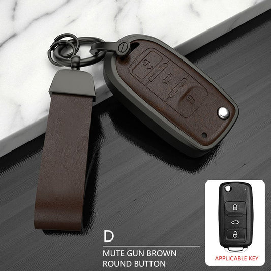 Volkswagen Old Flip Key Exclusive Aluminium Alloy Leather 2.0 Keycase with Holder & Rope Chain