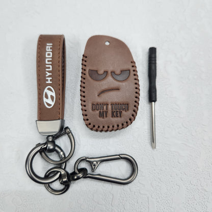 Hyundai Alcazar/Creta/i20 4 Button Key Luxury Handmade Oilwax Leather Keycase with Logo, Caption, Hook, and Chain