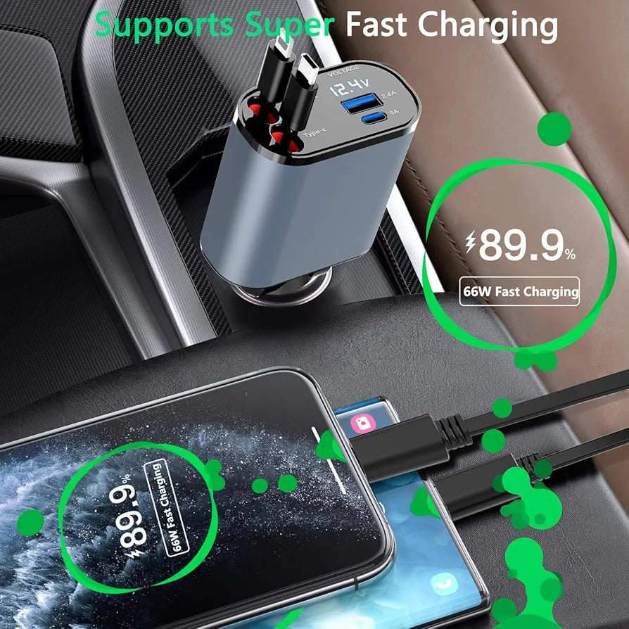 4in1 Fast USB C Car Charger 120W with Dual Retractable Cable Dual USB Ports, Voltage Display Car Charger