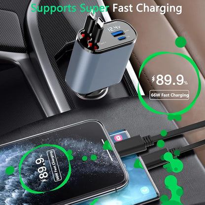 4in1 Fast USB C Car Charger 120W with Dual Retractable Cable Dual USB Ports, Voltage Display Car Charger