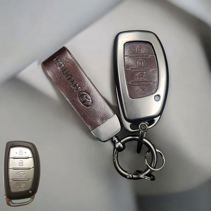 Hyundai Alcazar/Creta/Venue/i20 (4 Button Key) Metal Alloy Leather Keycase with Holder & Rope Chain