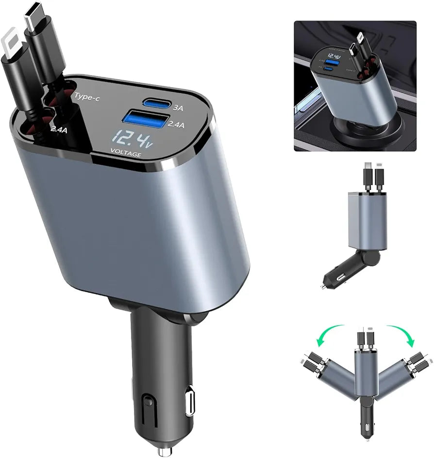 4in1 Fast USB C Car Charger 120W with Dual Retractable Cable Dual USB Ports, Voltage Display Car Charger