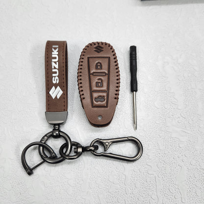 Suzuki Ciaz/Baleno/Scross 3 Button Key Luxury Handmade Oilwax Leather Keycase with Logo, Caption, Hook, and Chain