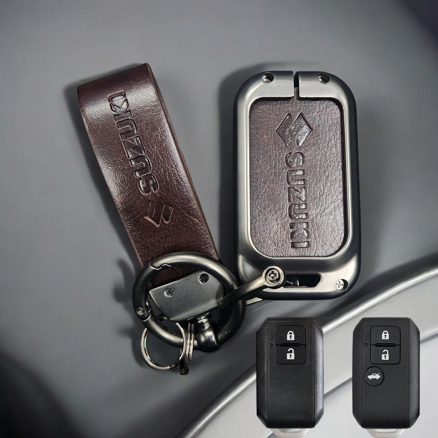 Suzuki 2 Button Key (Baleno, Brezza, S Cross, Swift, Ignis) Luxury Metal Alloy Leather Keycase with Holder & Rope Chain