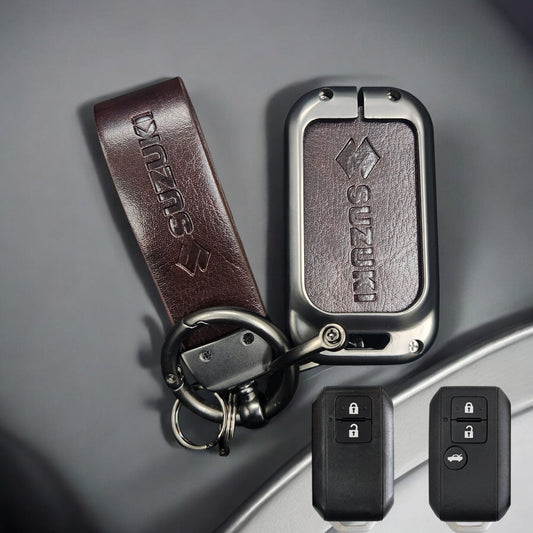 Suzuki 2 Button Key (Baleno, Brezza, S Cross, Swift, Ignis) Luxury Metal Alloy Leather Keycase with Holder & Rope Chain