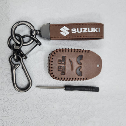 Suzuki Swift/Baleno/Ignis/Scross 2 Button Key Luxury Handmade Oilwax Leather Keycase with Logo, Caption, Hook, and Chain