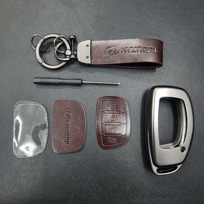 Hyundai Alcazar/Creta/Venue/i20 (4 Button Key) Metal Alloy Leather Keycase with Holder & Rope Chain