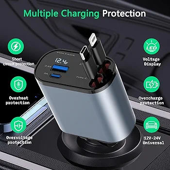 4in1 Fast USB C Car Charger 120W with Dual Retractable Cable Dual USB Ports, Voltage Display Car Charger
