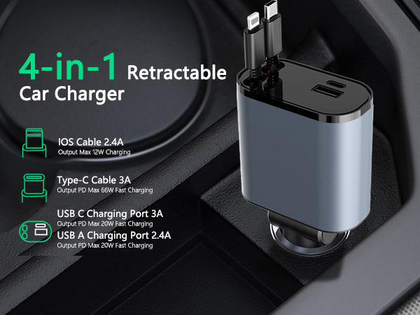 4in1 Fast USB C Car Charger 120W with Dual Retractable Cable Dual USB Ports, Voltage Display Car Charger