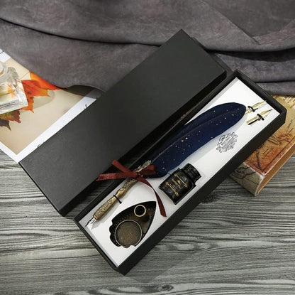 Vintage Carving Glittering Quill Pen Set Antique Calligraphy set Writing Dip Pen with Black Ink, 2 Replacement Nibs, Pen Stand Base, Luxury Signature Pen.