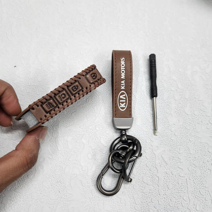 Kia Facelift New 4 Button Key Luxury Handmade Oilwax Leather Keycase with Logo, Caption, Hook, and Chain