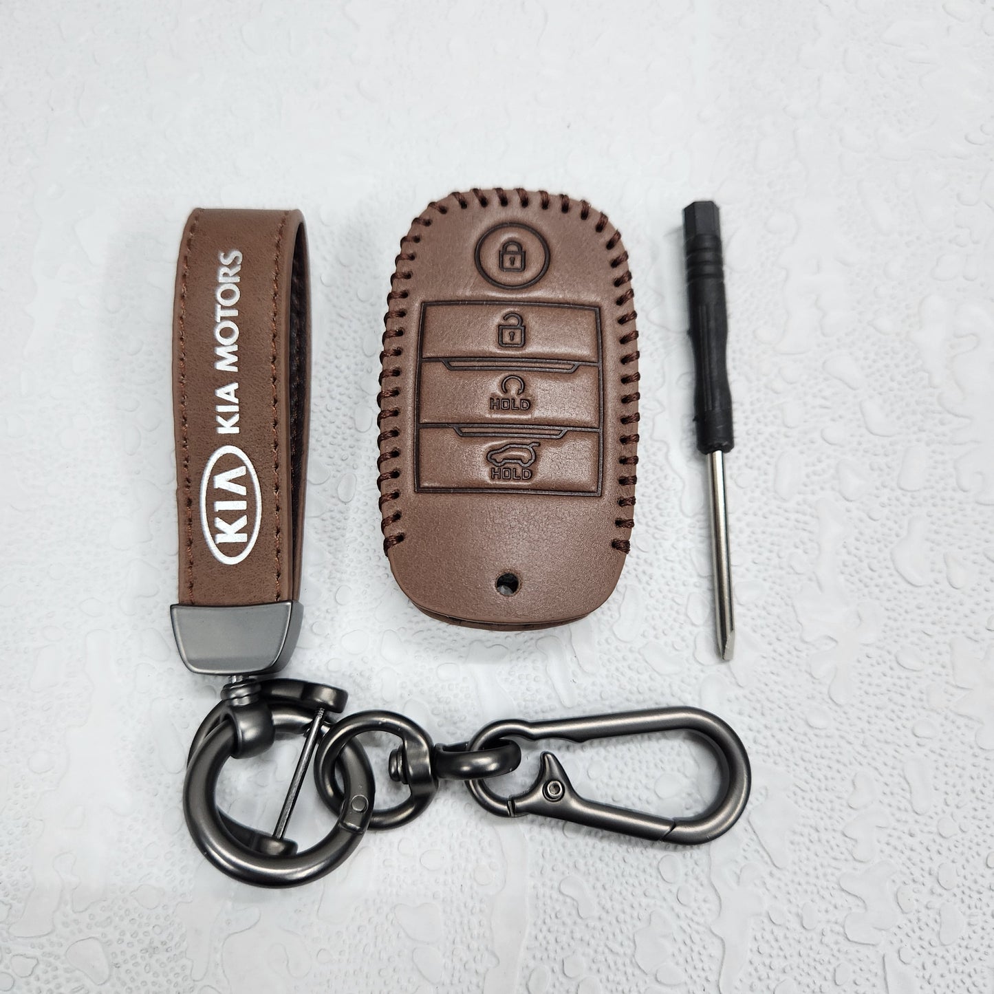 Kia Seltos/Sonet 4 Button Key Luxury Handmade Oilwax Leather Keycase with Logo, Caption, Hook, and Chain
