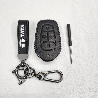Tata Harrier/Nexon/Safari Luxury Handmade Oilwax Leather Keycase with Logo, Caption, Hook, and Chain